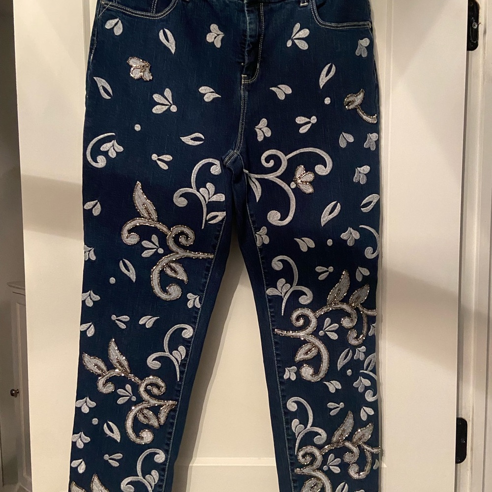 Chico's Blue and Silver Embellished Skinny Jeans